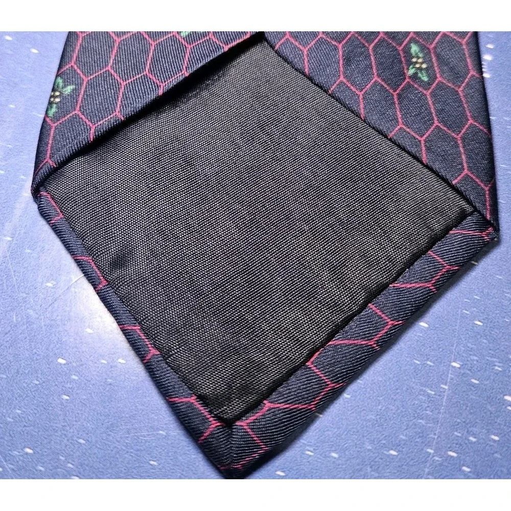 Enzo Necktie Mens‎ OS Navy Red Honeycomb Geometric Floral 100% Silk Made in USA
